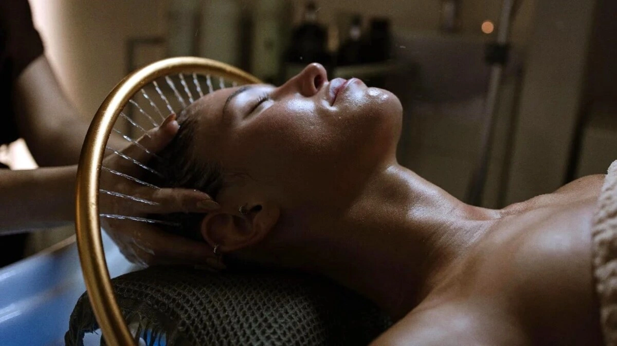 Nahaufnahme einer entspannten Frau mit geschlossenen Augen während eines Japanese Head Spa in einem ruhigen Salon