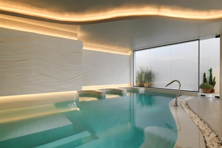 Ein Thalassotherapie-Innenpool mit hellem türkisfarbenem Wasser und eingebauten Liegen, einer wellenförmig strukturierten weißen Wand mit Voutenbeleuchtung, einer geschwungenen Decke, einem großen Milchglasfenster, getopften Gräsern und einem Kaktus sowie einem Kieselsteinrand.