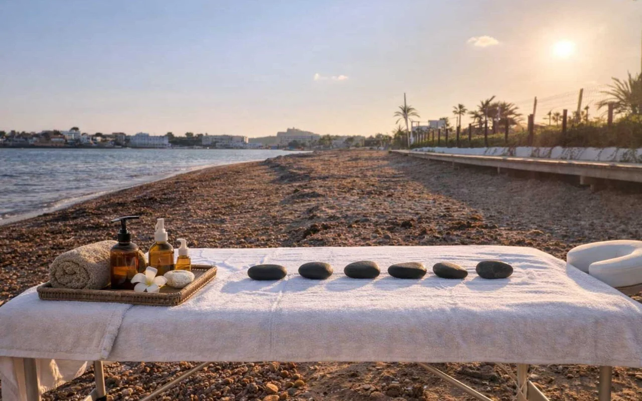 Eine Massageliege, aufgebaut an einem Kieselstrand zur goldenen Stunde, ausgelegt mit einem gerollten Handtuch, einem Tablett mit bernsteinfarbenen Ölfläschchen, einer Frangipani-Blüte und einer Reihe dunkler heißer Steine. Das Meer und ein von Palmen gesäumtes Ufer erstrecken sich in die Ferne unter einem warmen Abendhimmel.