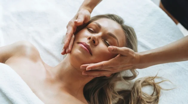 Frau entspannt während einer sanften Lymphdrainage im Gesicht, während die Hände der Fachkraft leicht über ihre Wangen gleiten